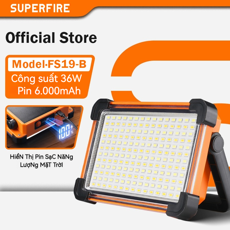 SUPERFIRE FS19-B Đèn Pha Năng Lượng Mặt Trời 36W Pin 6000mAh Sạc Mặt Trời USB Chế Độ Nhấp Nháy Khẩn Cấp Chống Nước IP54 Dùng Làm Việc Cắm Trại