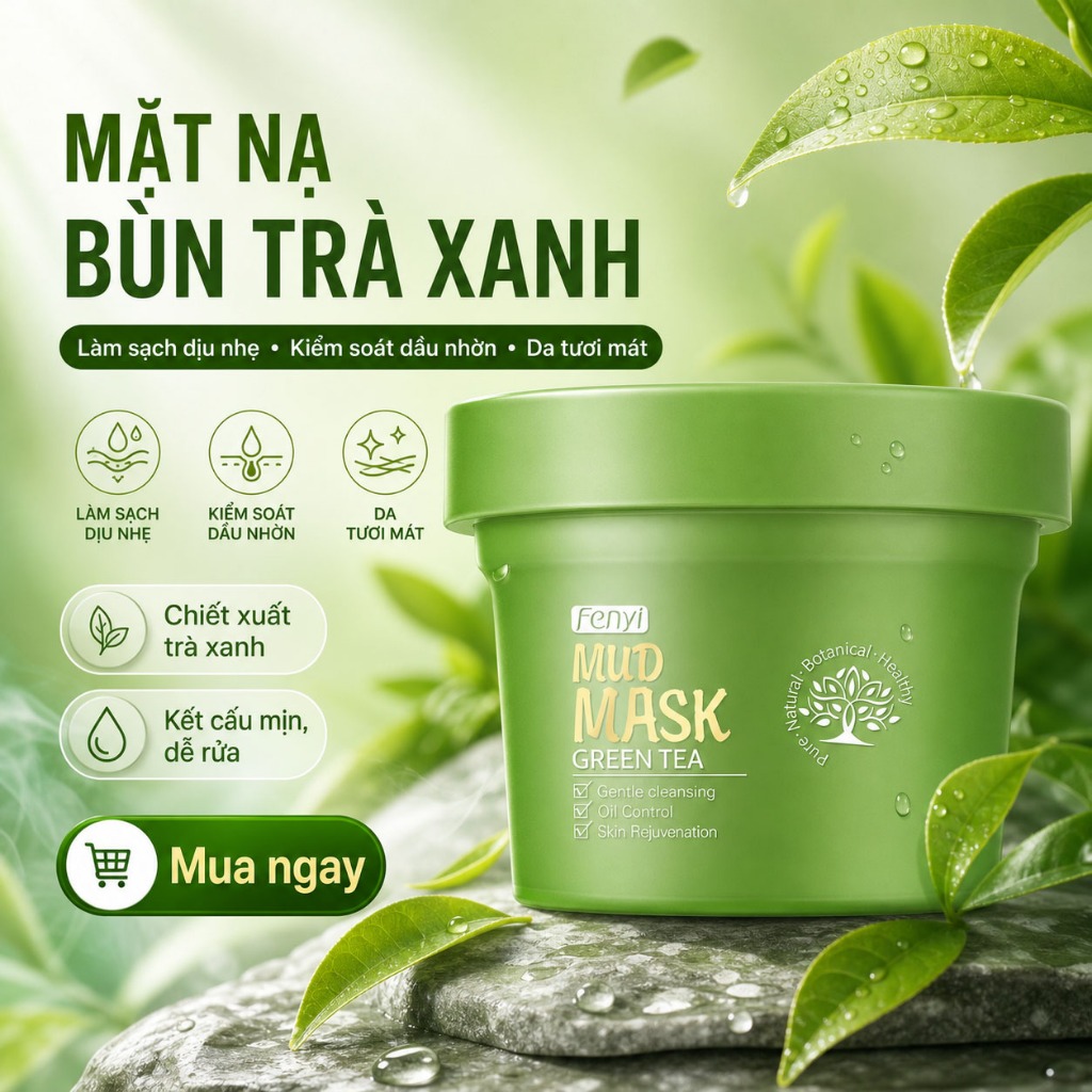 Mặt nạ đất sét FENYI 100g tinh chất trà xanh giảm mụn đầu đen kiềm dầu dưỡng trắng
