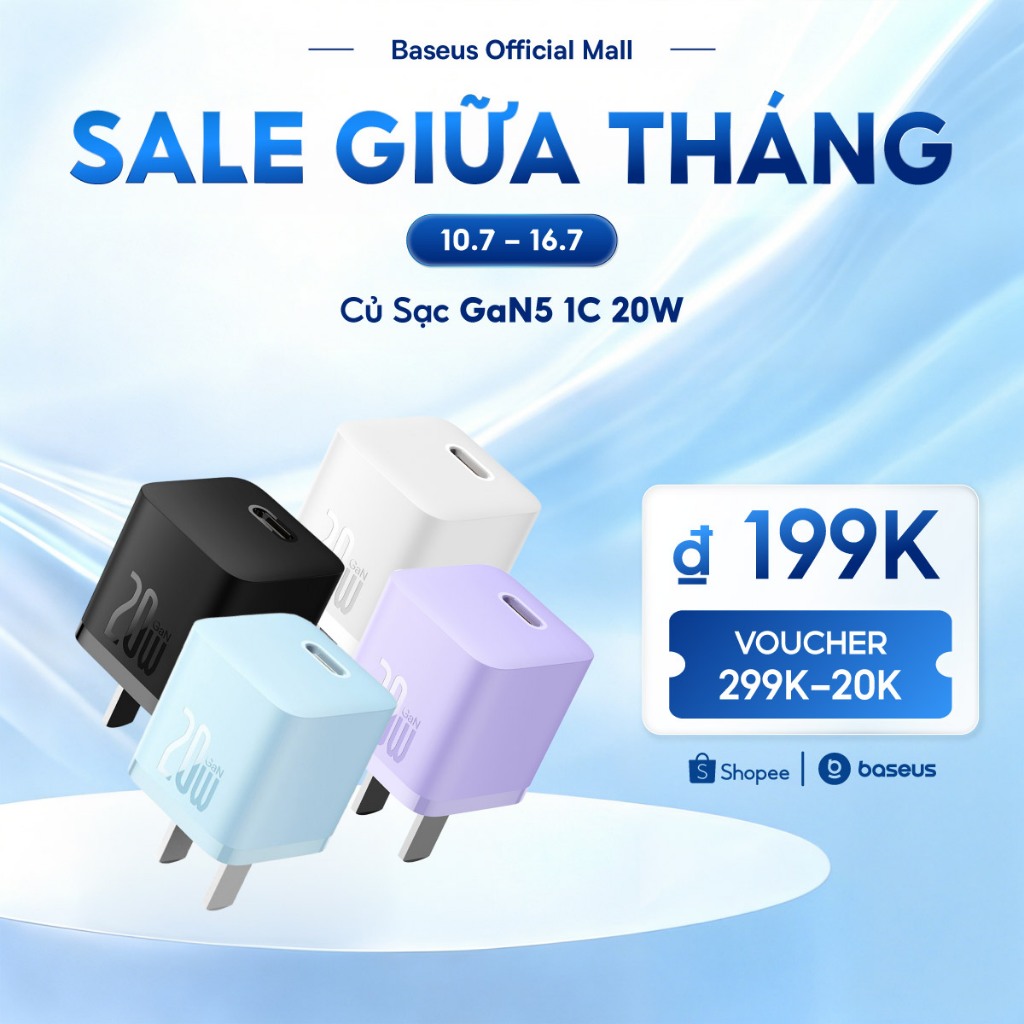 Củ sạc nhanh BASEUS PD 20W GaN5 1C thích hợp cho i14 13 12 pro max