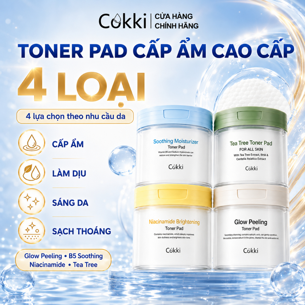 Toner Pad Cokki 4 Loại – Miếng Lót Toner Cấp Ẩm Dịu Da, Sáng Da Mờ Thâm, Tẩy Tế Bào Chết Dịu Nhẹ, Tràm Trà Kiềm Dầu Giảm Mụn – 100 Miếng/Hộp – Làm Sạch Sâu, Se Khít Lỗ Chân Lông, Cấp Nước – Dành Cho Da Dầu, Da Mụn, Da Nhạy Cảm