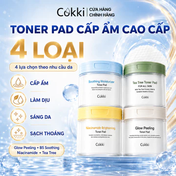 Toner Pad Cokki 4 Loại – Miếng Lót Toner Cấp Ẩm Dịu Da, Sáng Da Mờ Thâm, Tẩy Tế Bào Chết Dịu Nhẹ, Tràm Trà Kiềm Dầu Giảm Mụn – 100 Miếng/Hộp – Làm Sạch Sâu, Se Khít Lỗ Chân Lông, Cấp Nước – Dành Cho D
