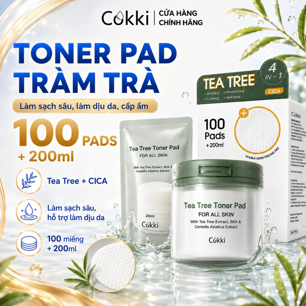 Toner Pad Cokki 4in1 65 Miếng - Chiết Xuất Tràm Trà & BHA (Salicylic Acid) - Giảm Mụn Viêm, Se Khít Lỗ Chân Lông, Làm Dịu Da Nhạy Cảm - Không Cồn, Không Dầu