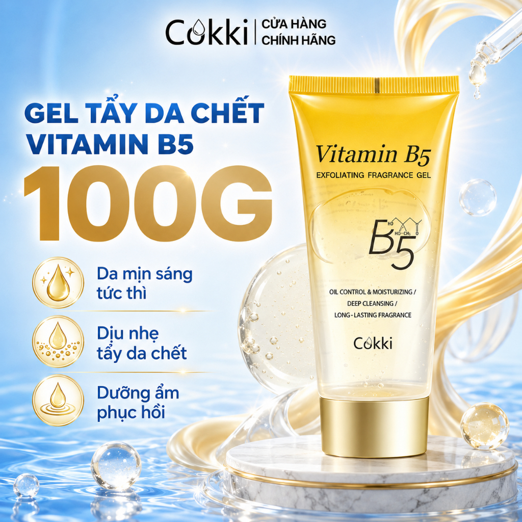 Gel tẩy tế bào chết mặt Cokki Vitamin B5 100g - Dạng gel trong suốt, không hạt, không gây đau rát, làm sạch sâu lỗ chân lông, dưỡng ẩm cấp nước, cho da sáng mịn - Dịu nhẹ với da nhạy cảm, da dễ nổi mụn