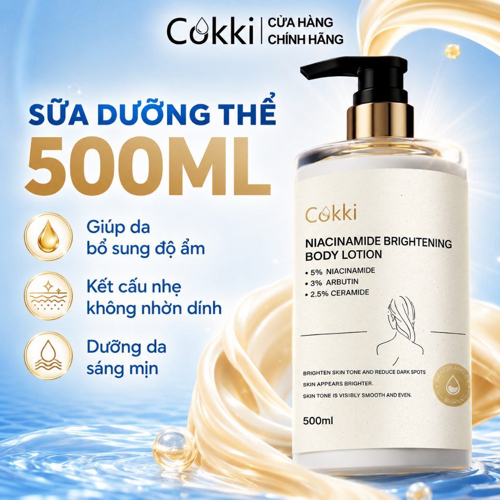 Sữa dưỡng thể Cokki 5% Niacinamide - DƯỠNG ẨM & LÀM SÁNG DA, thấm nhanh, cho da mịn màng