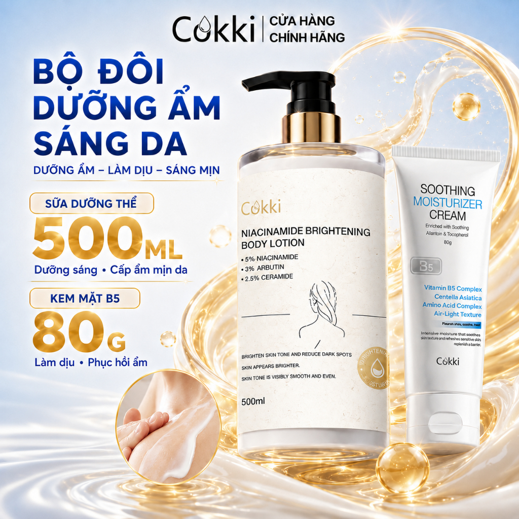 Cokki Sữa Dưỡng Thể Trắng Da 500ml | Cải Thiện Da Thô Ráp | Làm Mờ Vết Thâm Nám | Se Khít Lỗ Chân Lông | Dưỡng Ẩm Lâu Dài | Ngăn Ngừa Khô Da | Thẩm Thấu Tức Thì | Không Nhờn Rít | Phù Hợp Mọi Loại Da