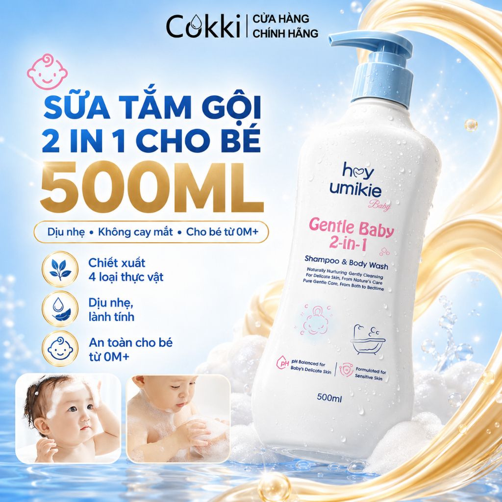 Dầu gội & Sữa tắm 2 trong 1 Cokki Baby 500ml – Sữa công thức không rách nhẹ nhàng, cân bằng pH | 4 chiết xuất thực vật tự nhiên + Panthenol + Allantoin | Thích hợp cho trẻ sơ sinh & làn da nhạy cảm