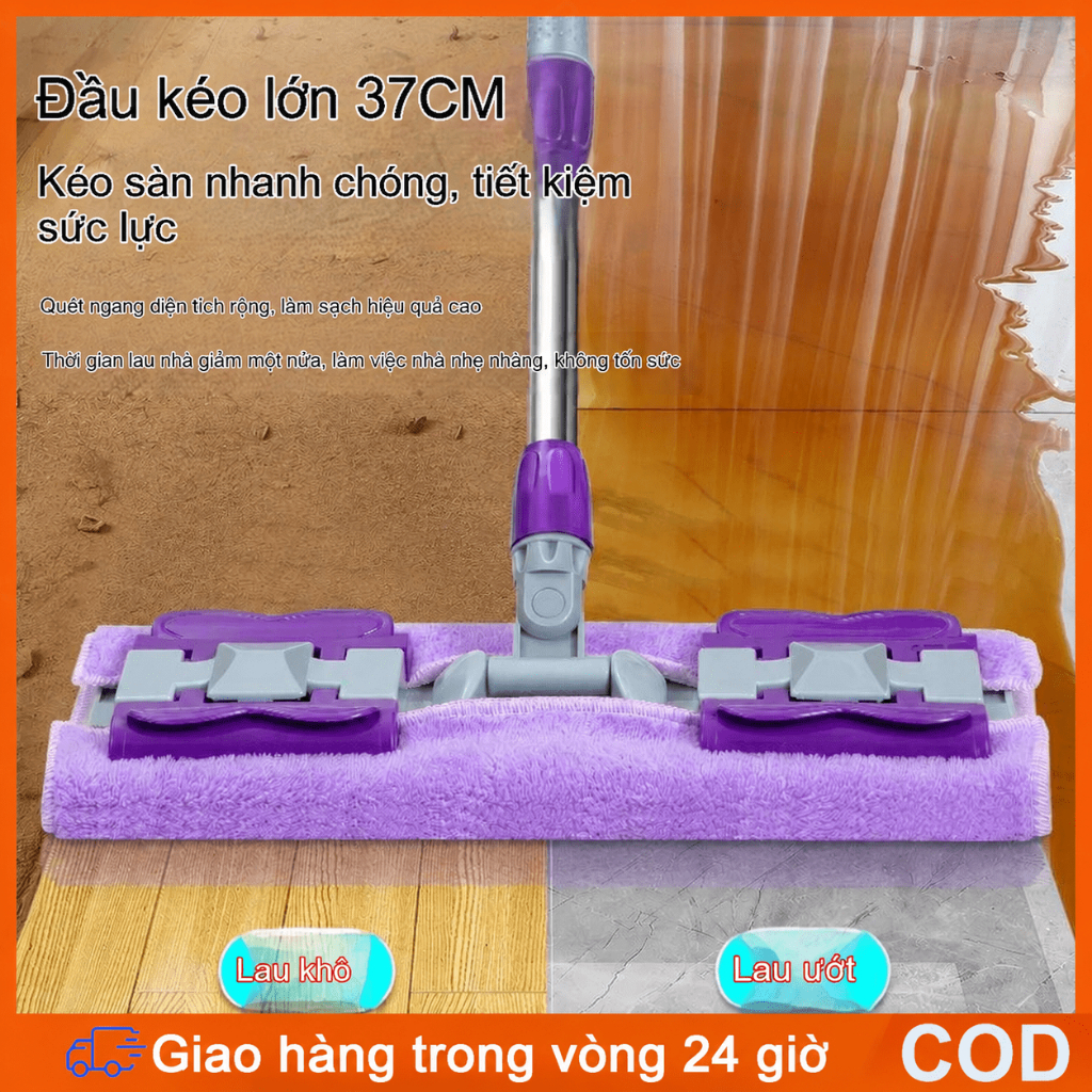 Cây Lau Kẹp Khăn Đa Năng. Bản Rộng 37cm. Xoay 360°. Khô Ướt. Kèm 2 Khăn. Thép Không Gỉ