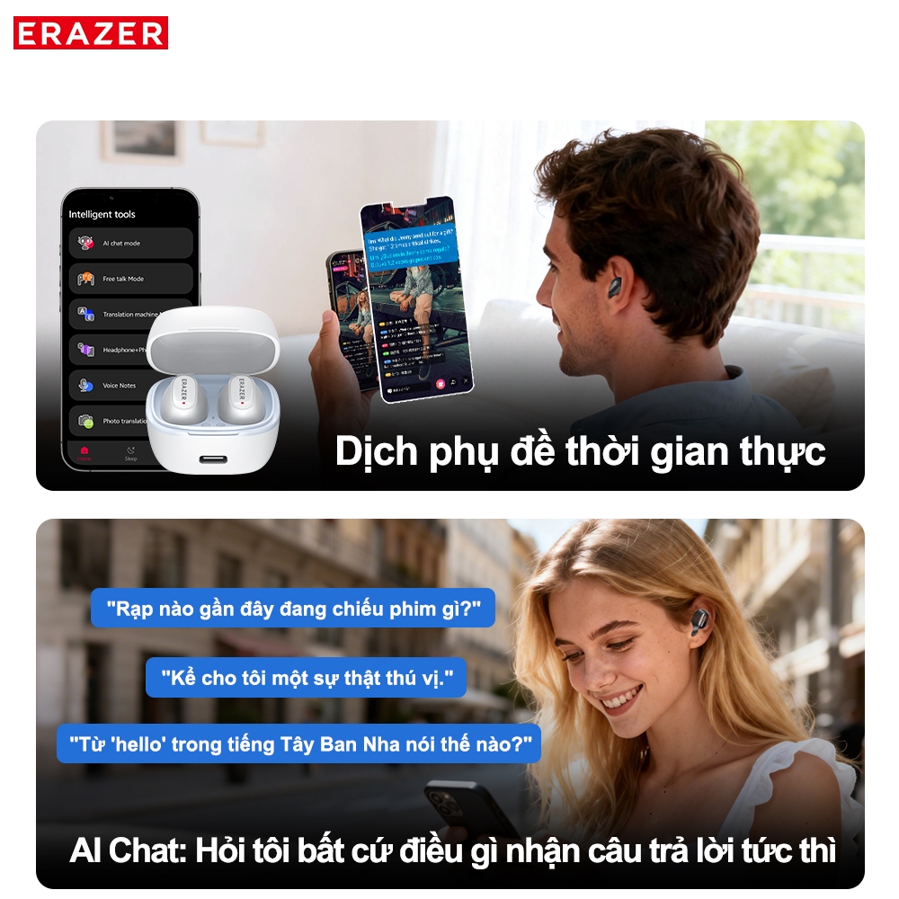 Tai nghe Bluetooth Erazer XF65PRO AI Translation – Âm thanh độ phân giải cao LDAC, ANC sâu, Dịch thuật cho 165 ngôn ngữ, Bluetooth 6.0 | BigBuy360 - bigbuy360.vn