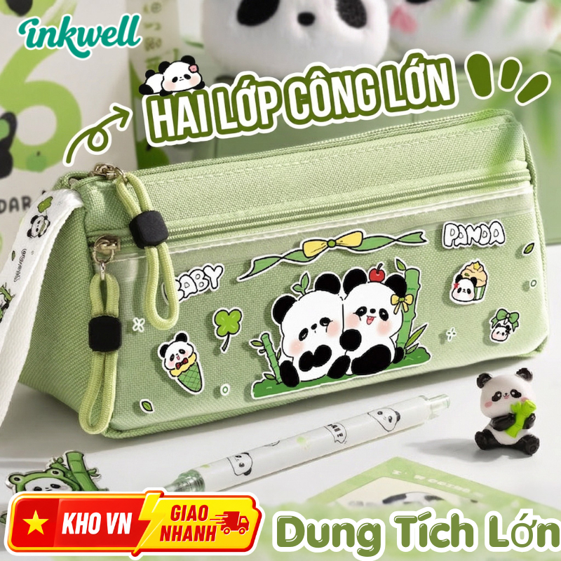 Hộp Bút Dung Tích Lớn 2 Ngăn / Gấu Trúc Dễ Thương Phong Cách Hàn Quốc / Túi Đựng Bút Học Sinh