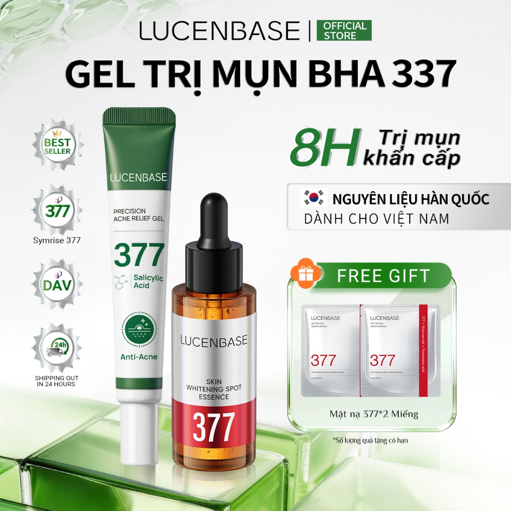 Bộ LUCENBASE Giảm Mụn & Dưỡng Trắng - Tinh Chất 377 (30ml) + Gel BHA 377 (20g) - Mờ Thâm & Dịu Da
