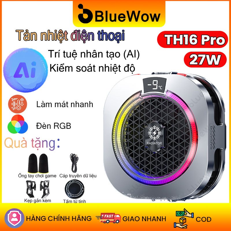 Máy làm mát điện thoại từ tính BlueWow 27W TH16PRO | Làm mát bán dẫn lõi kép | Kiểm soát nhiệt độ AI | Chiếu sáng RGB | Thiết kế chống rơiFPS