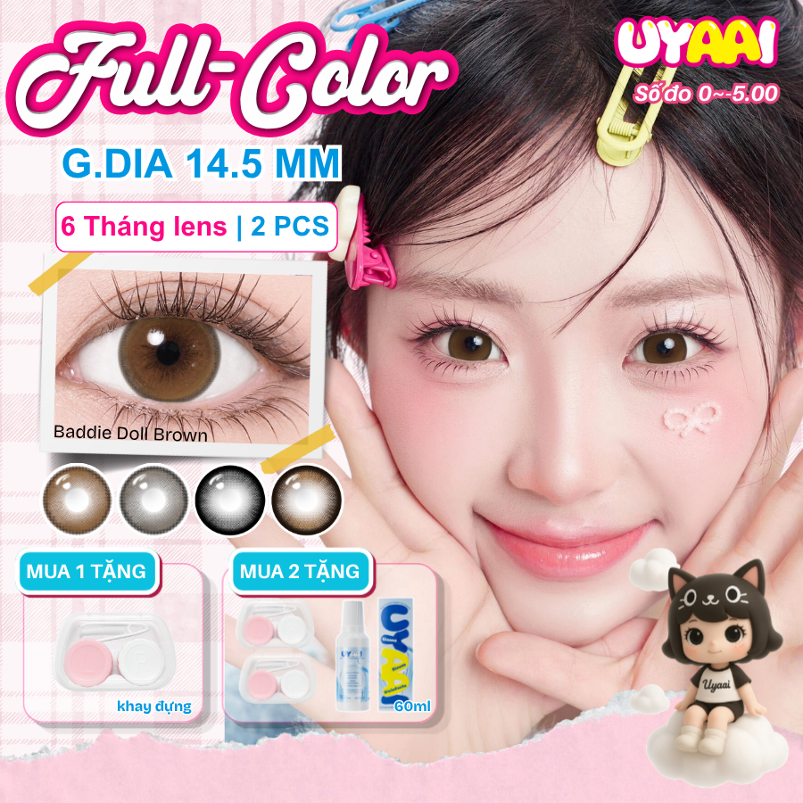 [Đầy màu sắc] Kính áp tròng UYAAI G.dia-14.5mm, lens 2 chiếc Baddie Doll Brown, 6 tháng, dành cho đôi mắt to sáng bóng.