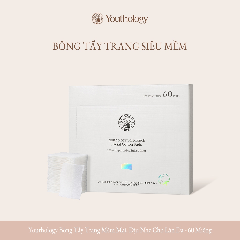 Youthology Bông Tẩy Trang 60 Miếng Siêu Mềm Không Xơ, Tiết Kiệm Dung Dịch, Dịu Nhẹ Cho Da