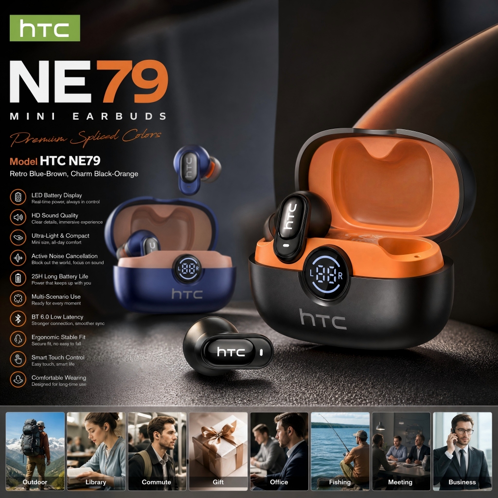 Tai nghe dịch thuật HTC NE79 AI Tai nghe Bluetooth không dây HIFI V6.0 LED ENC Tai nghe thể thao 72H tuổi thọ pin dài
