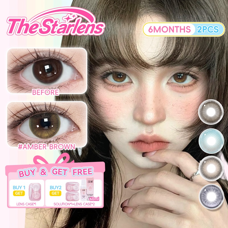 Kính áp tròng Starlens, 2 chiếc 6 tháng, lens màu Nâu/Xám/Đen, DIA14.2-14.5mm, có độ (0-8) doll eye contact lens