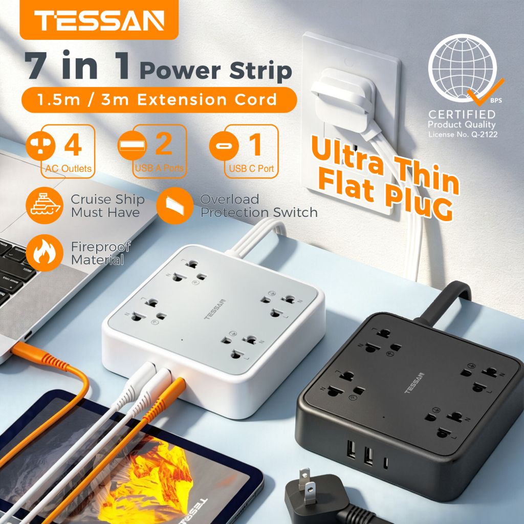 [HỎA TỐC]Ổ Cắm Điện TESSAN Đầu Cắm Phẳng 4 Lỗ-Đa Năng 2500W Sạc Nhanh PD20W 3 USB(1C) Dây 1.5m/3m