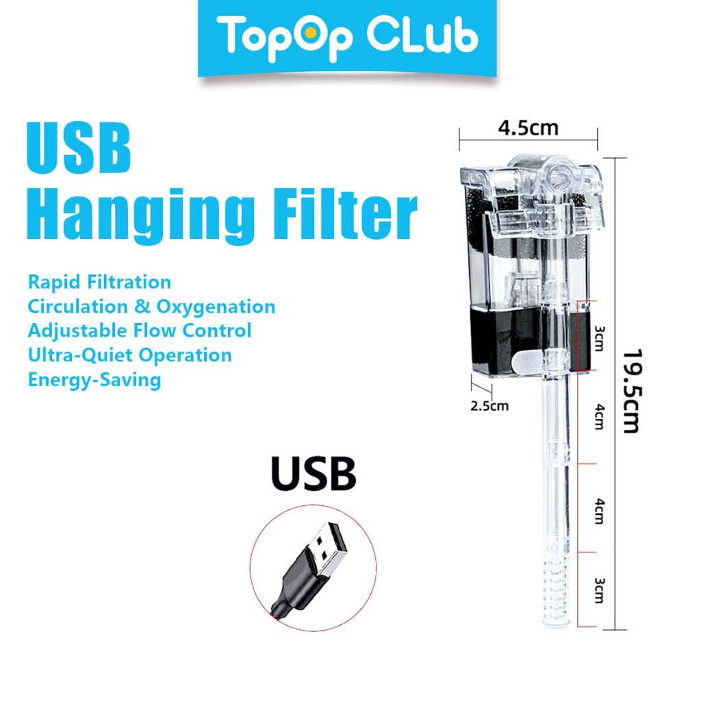 TOPOP USB Mini Hang-On Lọc Bể Cá Thác Nước Bơm Lọc Với Phim Dầu Skimmer Bơm Treo Tường
