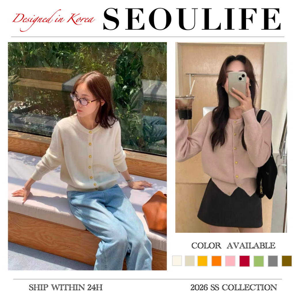 SEOULIFE | Áo len dệt kim nút vàng dành cho nữ, Áo len dài tay cổ tròn, vừa vặn quá khổ, giảm béo & dễ phong cách
