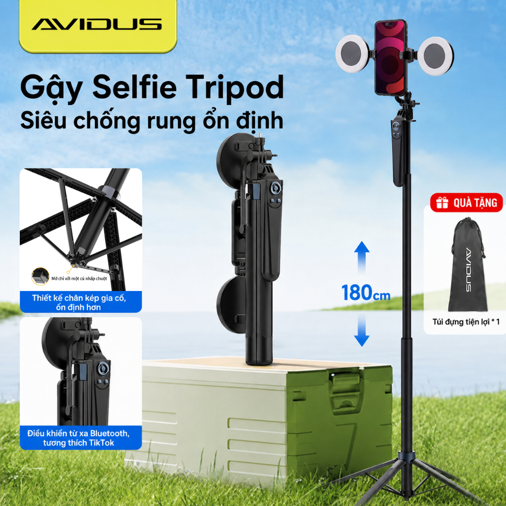 AVIDUS R30 Chân máy selfie xoay 360° 4 góc với điều khiển từ xa Bluetooth phù hợp cho việc quay vlog và phát trực tiếp.