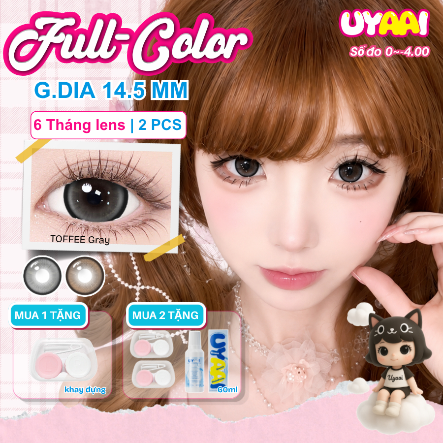 [Full Color] Kính Áp tròng UYAAI Max G.dia 14,5mm, TOFFEE Gray / Brown, Sử dụng 6 tháng, dành cho đôi mắt to, sáng bóng.