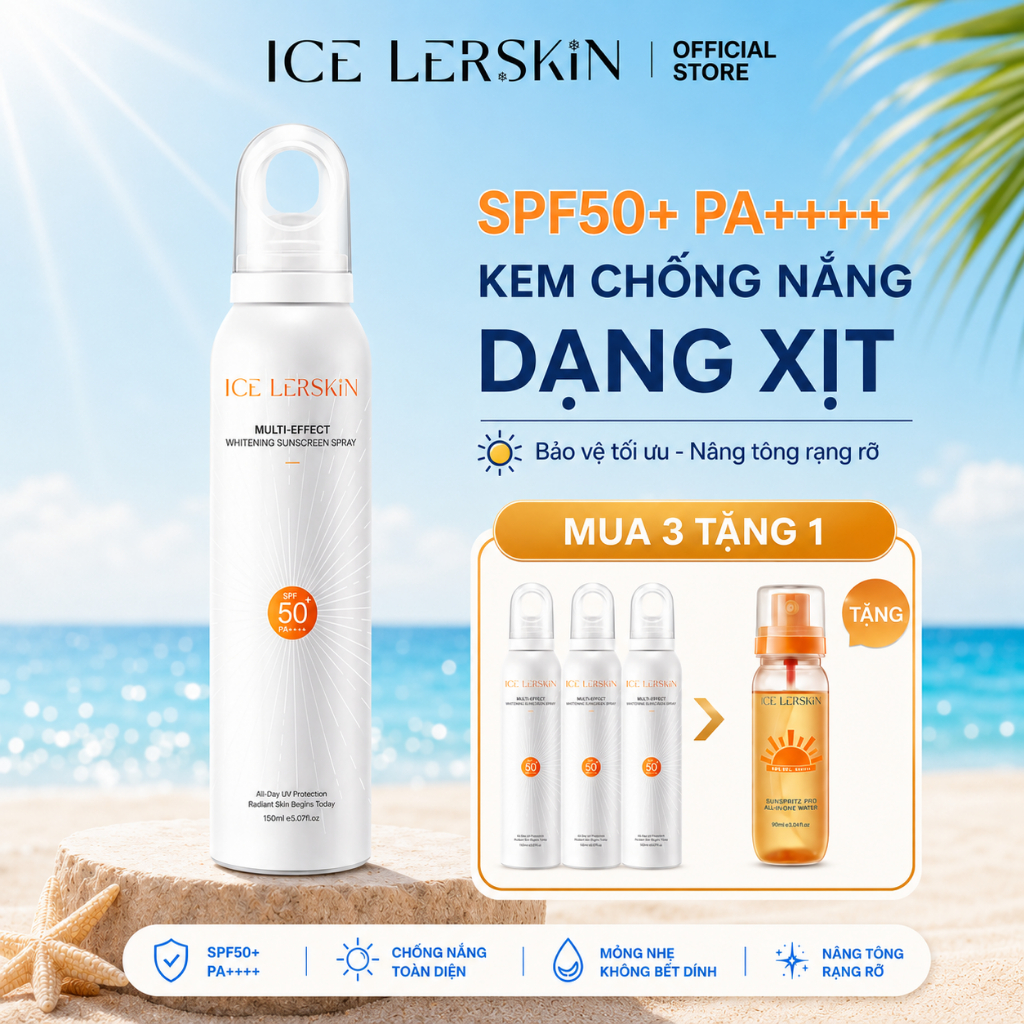 [Mua 3 Tặng 1] Xịt Chống Nắng ICE LERSKIN 150ML * 3 + [Quà Tặng] Kem Chống Nắng Rollerball 20G, SPF50 + PA + + +, Chứa Vitamin E