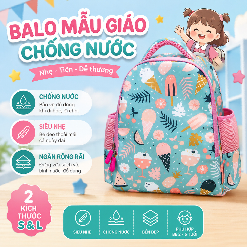 FUNTRAVEL Schoolbag dành cho trẻ em Túi mầm non chống thấm nước Túi sách mẫu giáo Túi du lịch nhẹ dễ thương