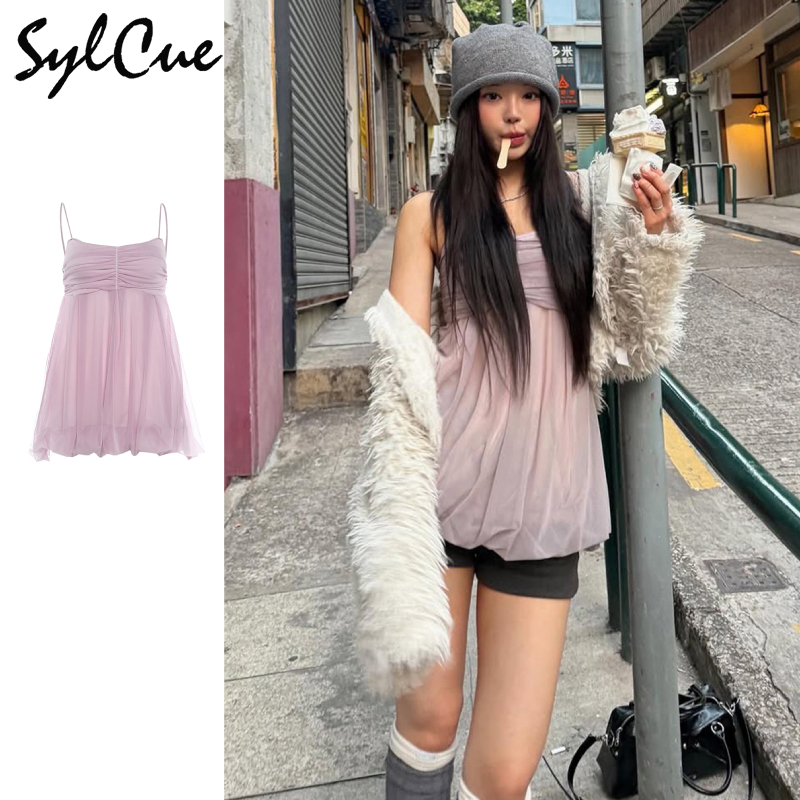 Sylcue Gợi Cảm Sling Ruw Vest Skinny Nhìn Mỏng Hơn Lưới Thoáng Mát Nữ Mùa Hè Y2K Cay Cô Gái Phong Cách