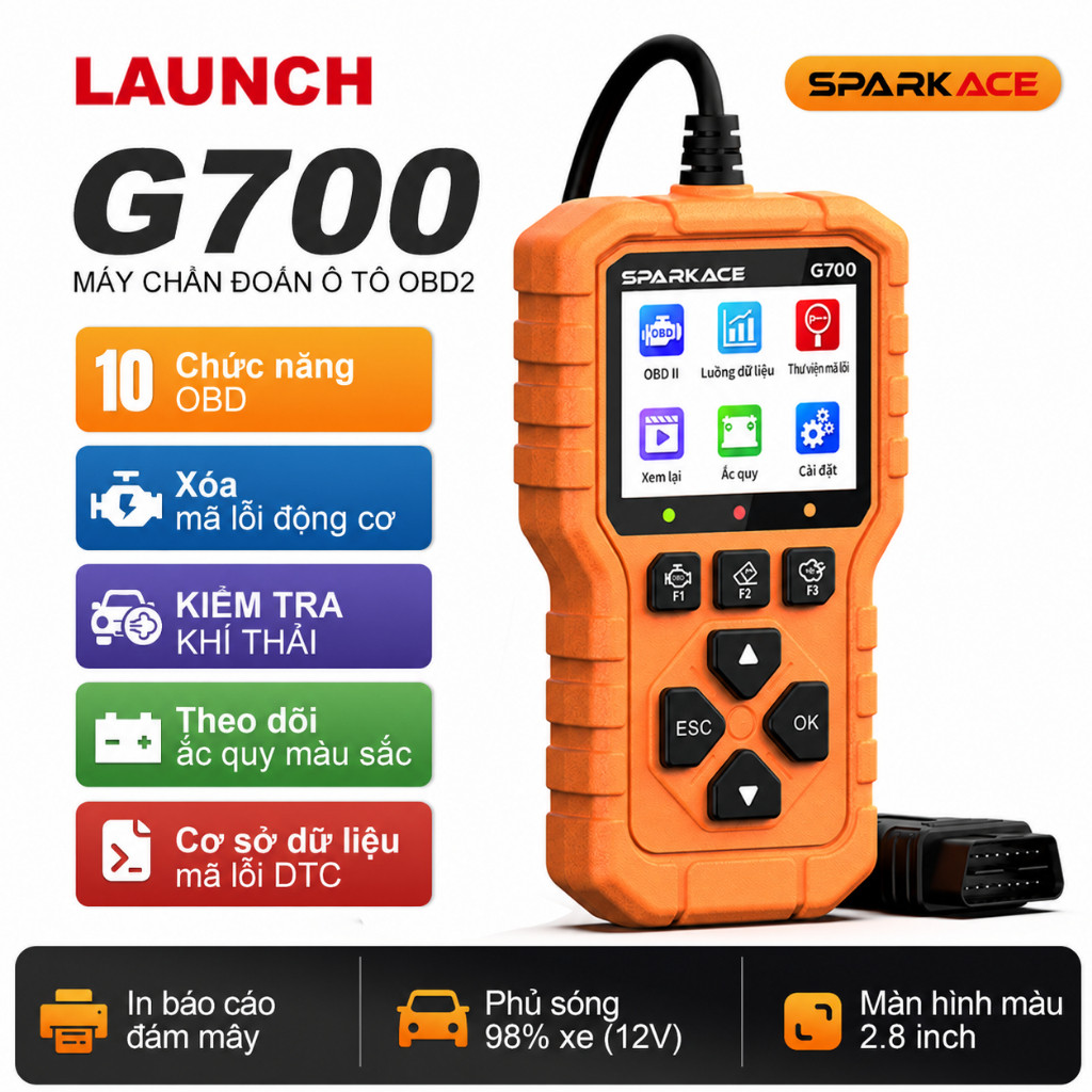 LAUNCH G700 Máy Đọc Lỗi Ô Tô OBD2, Đọc Xóa Lỗi Động Cơ, Dữ Liệu Trực Tiếp, Kiểm Tra Ắc Quy