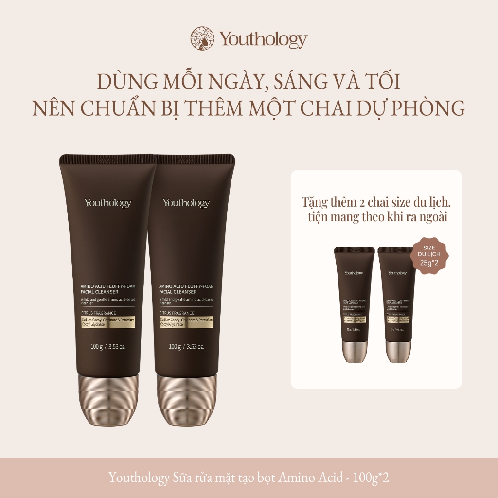 Youthology Sữa Rửa Mặt Amino Acid 100g x2 - Tạo Bọt Mịn, Làm Sạch Sâu, Dưỡng Ẩm + Tặng 2 Mini