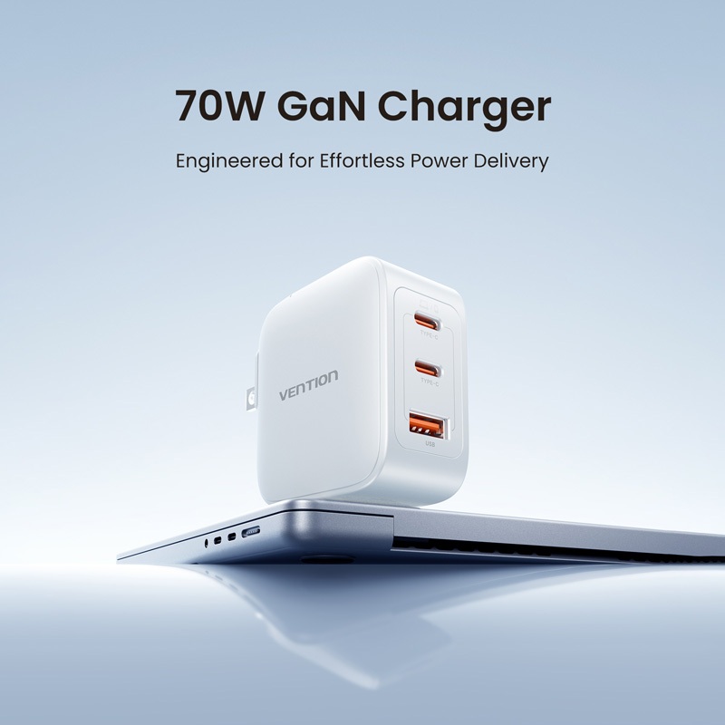 Bộ Sạc GaN 70W Siêu Nhỏ Gọn, 3 Cổng USB (2 C + 1 A)