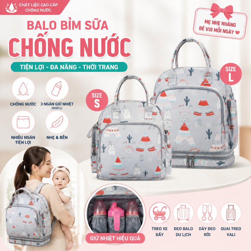 FUNTRAVEL Ba lô đựng đồ dùng em bé sức chứa lớn đa năng tiện dụng cho mẹ bỉm sữa