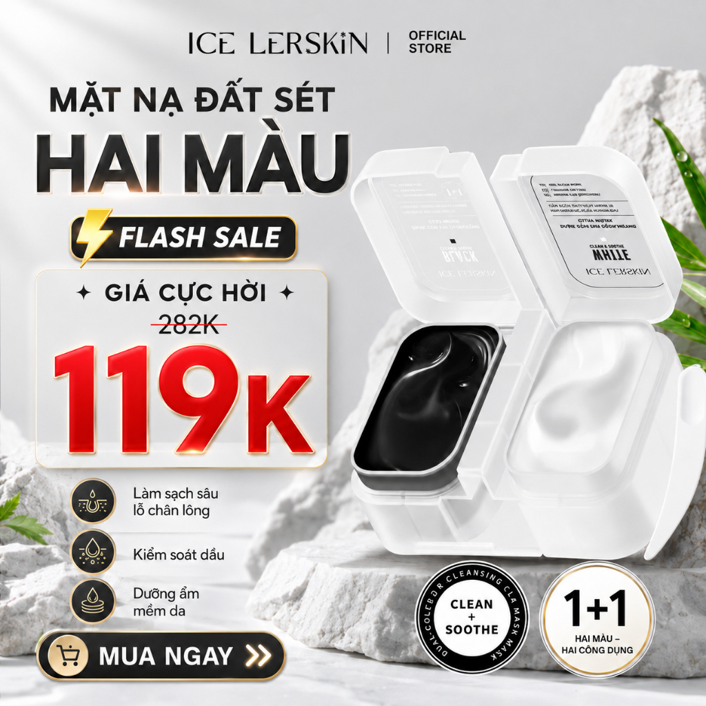 Bộ Mặt Nạ Đất Sét 2 Màu ICE LERSKIN | Mặt Nạ Đen & Trắng Cho Da Dầu | Làm Sạch Sâu Lỗ Chân Lông + Kiềm Dầu | Cấp Ẩm Chuyên Sâu | 60g+60g