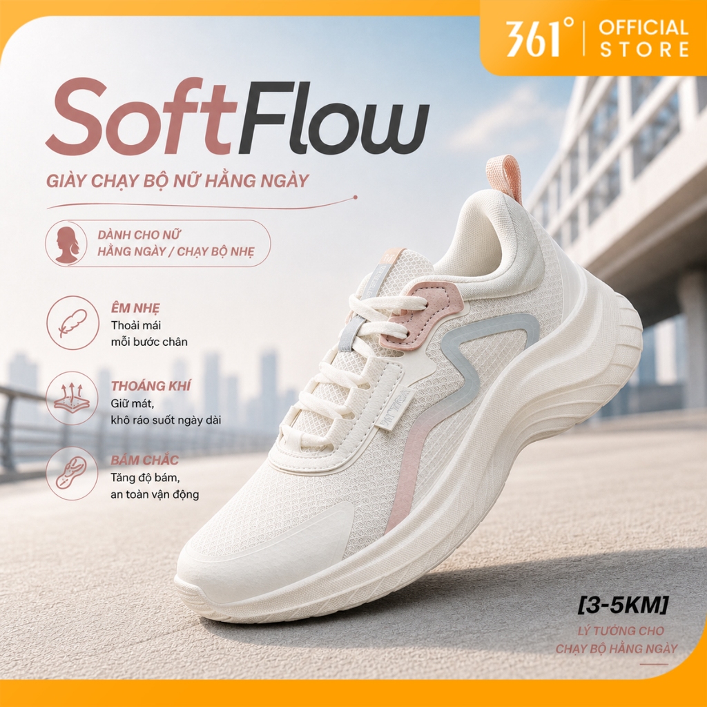 361 Độ Softflow Nhẹ Nữ Chạy Bộ Giày Thể Thao Thoải Mái Thoáng Khí Đi Bộ Giày Thể Thao Chạy Bộ Tập Luyện Thời Trang Phong Cách Thanh Lịch Trắng Đen 682232210