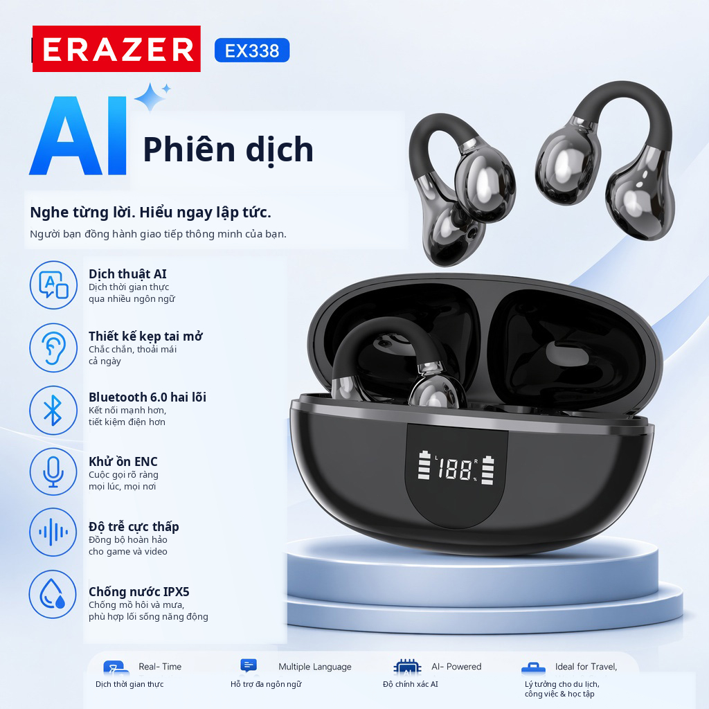 ERAZER EX338 Tai nghe Bluetooth kẹp vành  hỗ trợ dịch thuật AI – Bluetooth 6.0, độ trễ cực thấp, khử tiếng ồn cuộc gọi bằng AI, âm thanh Hi-Fi, màn hình LED.