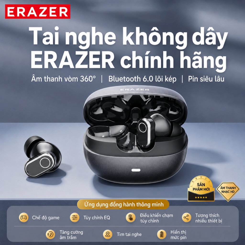 ERAZER EP167 Tai nghe Bluetooth  hỗ trợ dịch thuật AI – Bluetooth 6.0, khử ồn ENC, độ trễ thấp, âm thanh Hi-Fi, kháng nước IPX5 | BigBuy360 - bigbuy360.vn