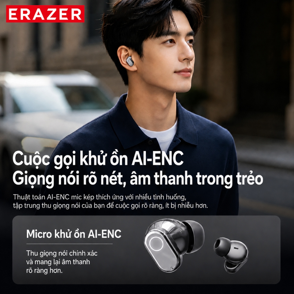 ERAZER EP167 Tai nghe Bluetooth  hỗ trợ dịch thuật AI – Bluetooth 6.0, khử ồn ENC, độ trễ thấp, âm thanh Hi-Fi, kháng nước IPX5 | BigBuy360 - bigbuy360.vn