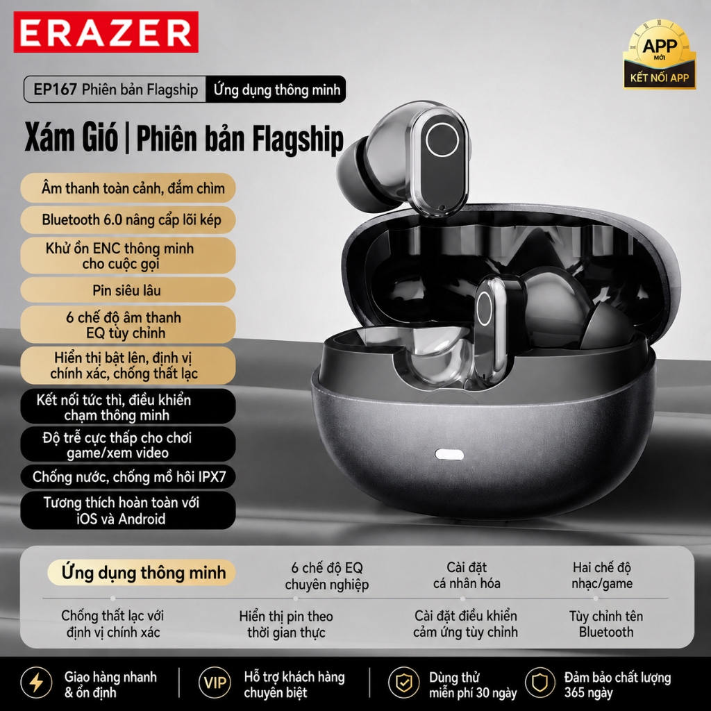 ERAZER EP167 Tai nghe Bluetooth  hỗ trợ dịch thuật AI – Bluetooth 6.0, khử ồn ENC, độ trễ thấp, âm thanh Hi-Fi, kháng nước IPX5 | BigBuy360 - bigbuy360.vn