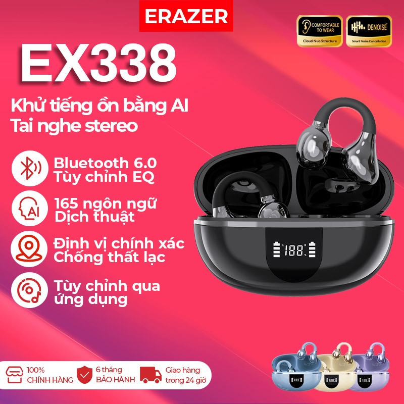 Tai nghe Bluetooth Clip-On ERAZER EX338 AI-Translation – Bluetooth 6.0, Độ trễ siêu thấp, Khử tiếng ồn cuộc gọi AI, Âm thanh Hi-Fi, Màn hình LED