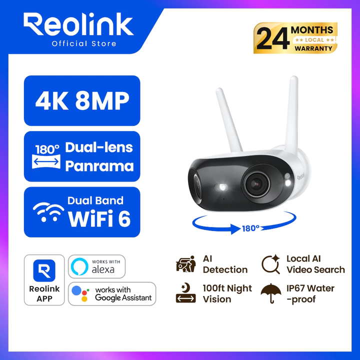 Reolink Elite WiFi Camera An Ninh Ngoài Trời Wi-Fi 4K 8MP, Góc Nhìn 180°, Wi-Fi 6, WiFi 2.4/5GHz, Nhìn Đêm Màu