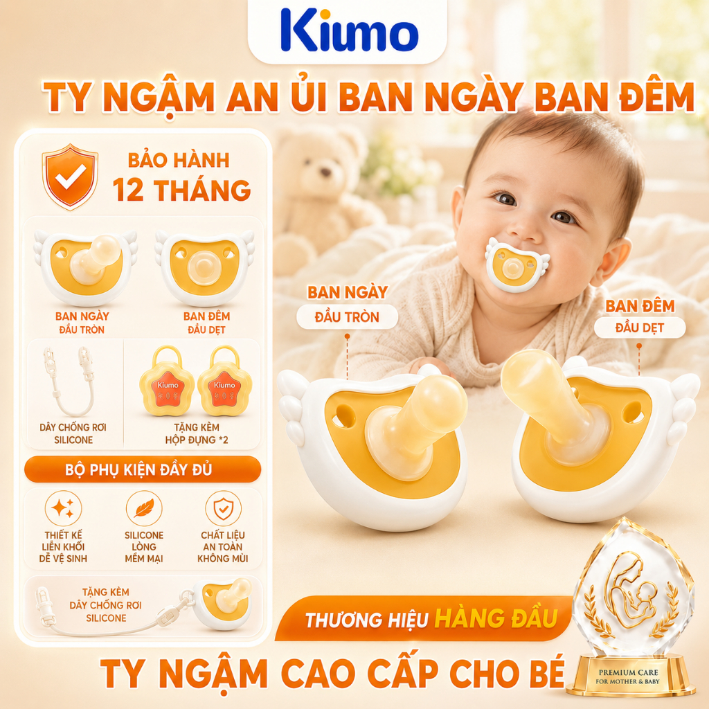 Kiumo Núm Vú Giả Combo Ngày & Đêm Cho Bé – Silicone An Toàn Không BPA, Giúp Bé Ngủ Ngon Hơn
