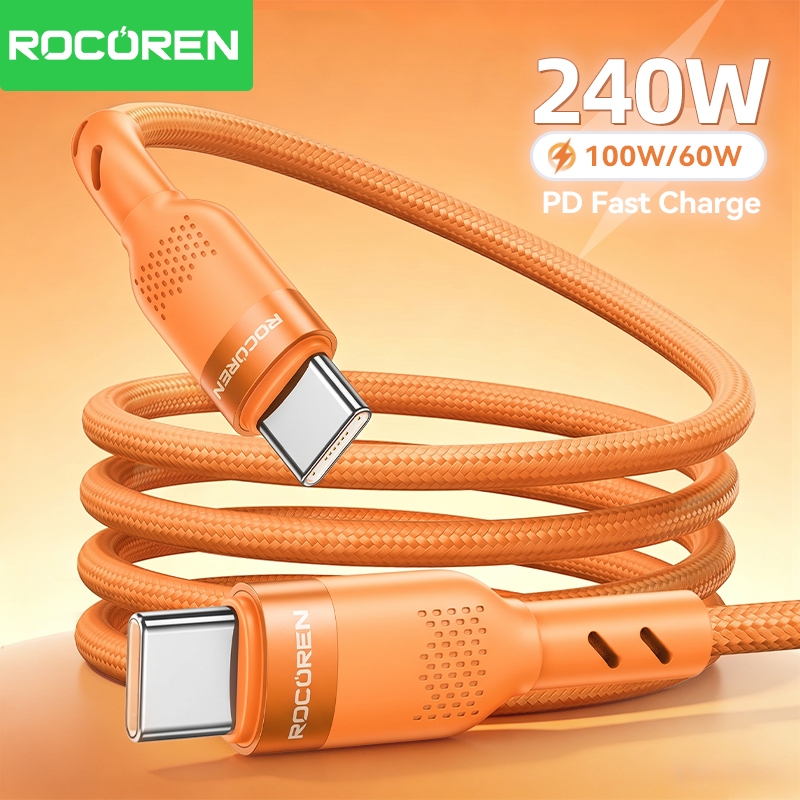 Cáp sạc nhanh Rocoren USB Type C sang USB C PD 240W 100W cho iPhone 18 17 Pro Max Samsung 60W Qiuck Charge USB A sang USBC 3A Dây 1m 2m