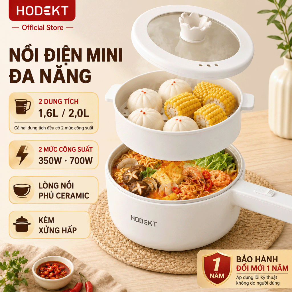 Nồi lẩu điện đa năng HODEKT 1.6L/2L  Kèm Hấp Nồi Gia Dụng Chảo Chống Dính Chiên Bảo hành 12 tháng