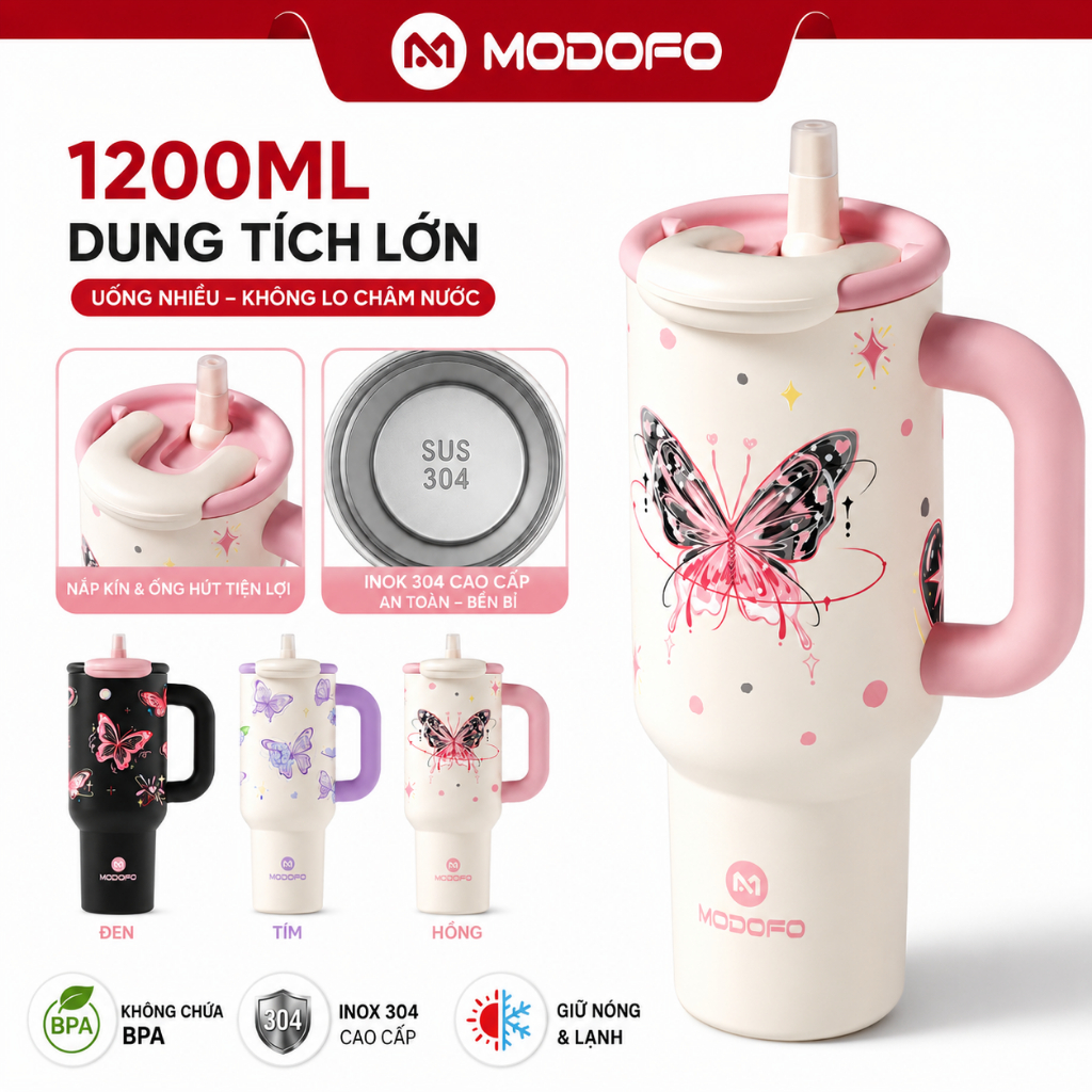 MODOFO Bình giữ nhiệt 1200ML – Cốc nước dung tích lớn, thiết kế ấm tượng, giữ lạnh lâu, màu sắc thời trang dành cho nữ – Có ống hút – Series Bướm