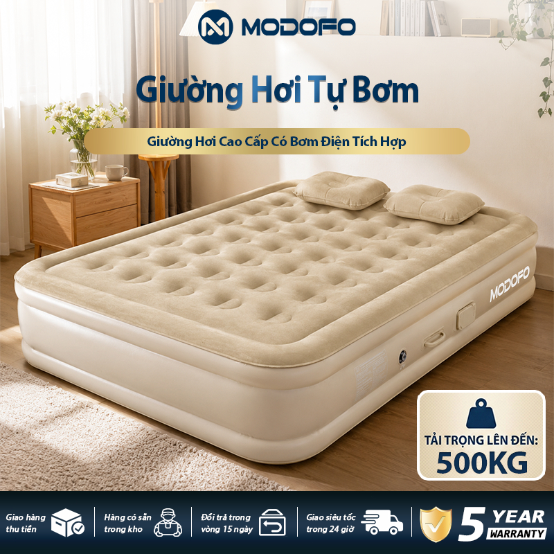 Nệm hơi tự bơm MODOFO đệm giường cắm trại gấp gọn tích hợp bơm điện đèn LED tải 500kg dày 4 lớp
