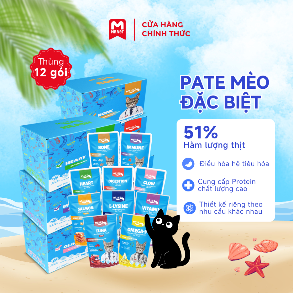 Pate Cho Mèo MRVET Hộp 12 Gói 70G Bổ Sung Omega 3, Vitamin, L-Lysine Điều Hòa Tiêu Hóa, Tăng Đề Kháng