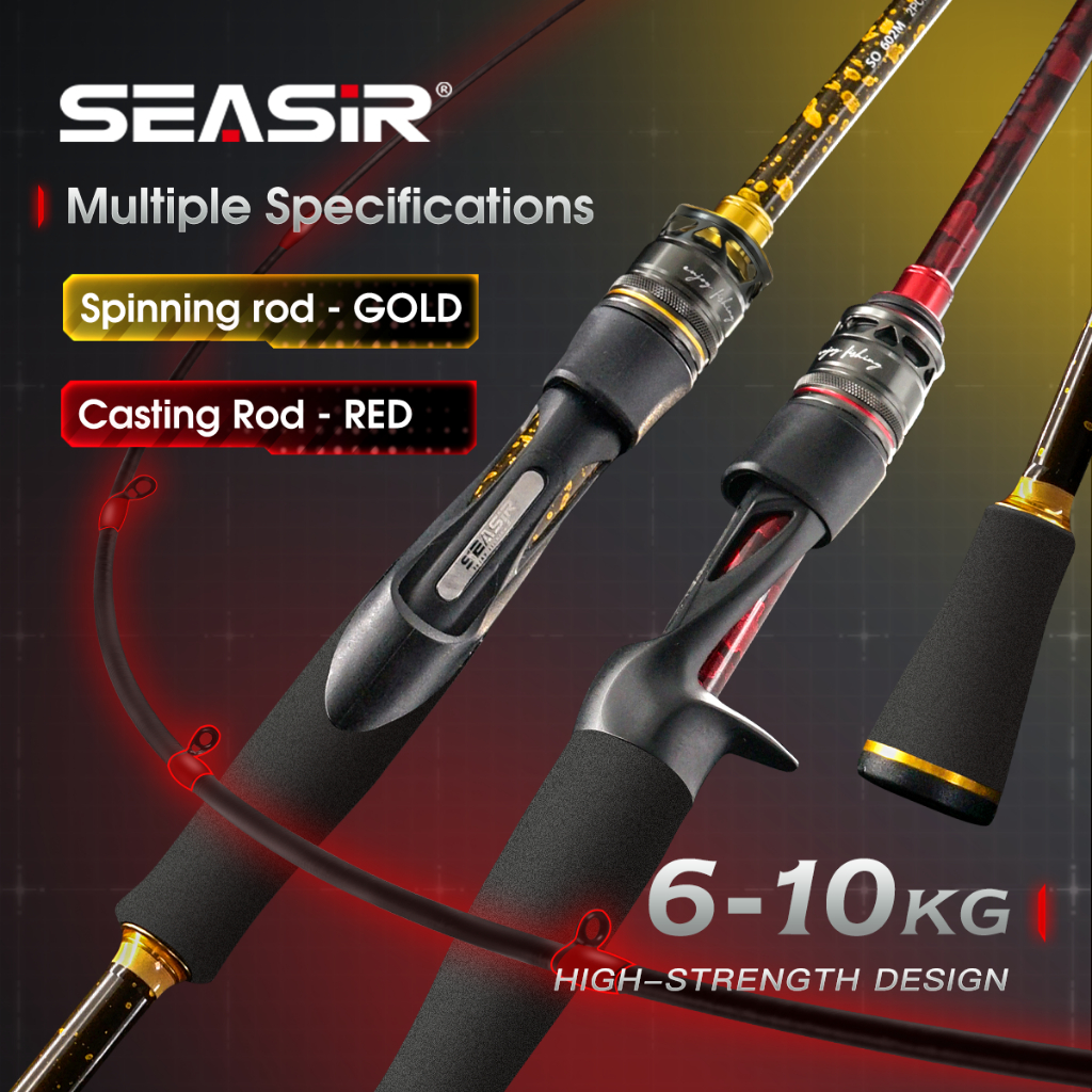 Cần câu SEASIR SYNCO chịu lực 6-10kg, độ bền cao, chiều dài 6-8 feet (1,83-2,43m), hỗ trợ ném xa, khoen dẫn dây bằng sứ, chất liệu carbon, dùng được cho cả nước mặn và nước ngọt.