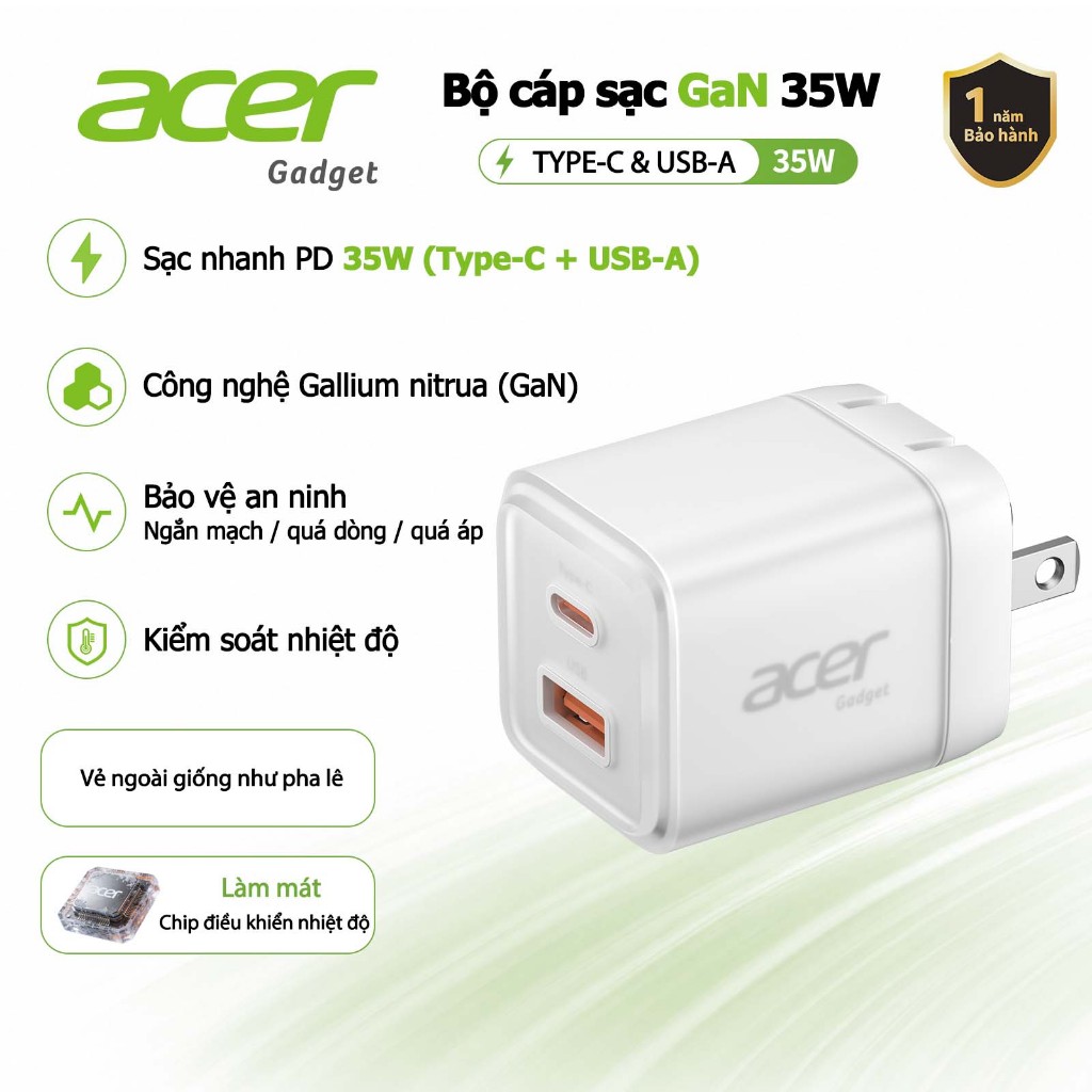Acer gadget GaN 35W Sạc USB-A PD3.0 QC3.0 Củ Sạc Nhanh TypeC Cho IP 15 14 13 Pro Samsung Xiaomi iPad Pro PD35AC