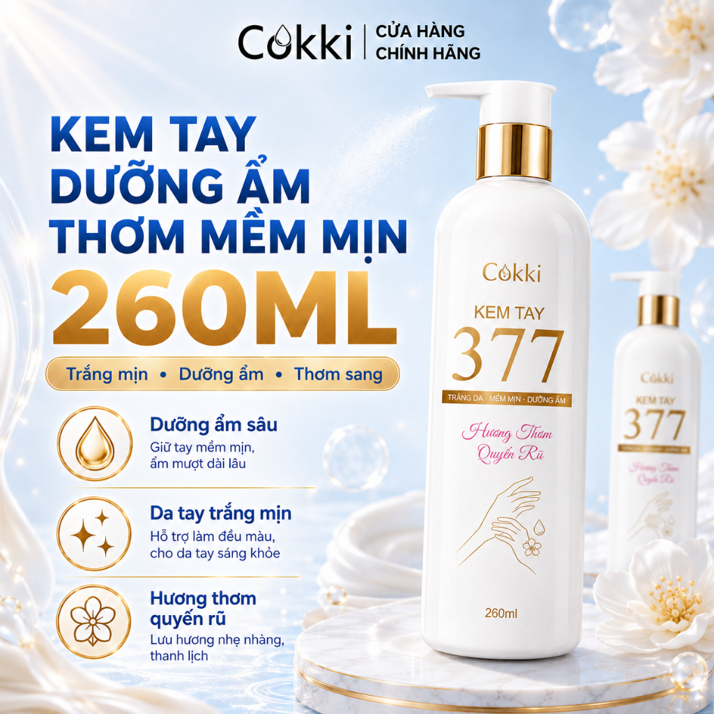 Kem Dưỡng Trắng Tay Cokki 377 260ml | 377+5 Tinh Chất, Không Dính Màn Hình | Hương Thơm Sang | Cứu Tay Xỉn Màu