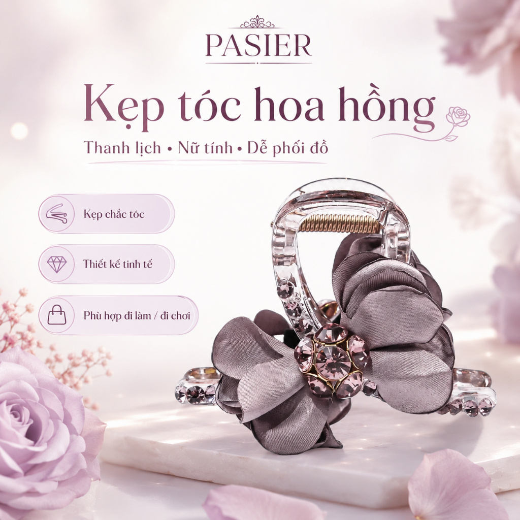 PASIER Kẹp tóc càng cua nữ đính đá sang trọng, kẹp tóc hoa hồng vải phong cách Hàn Quốc FS9942