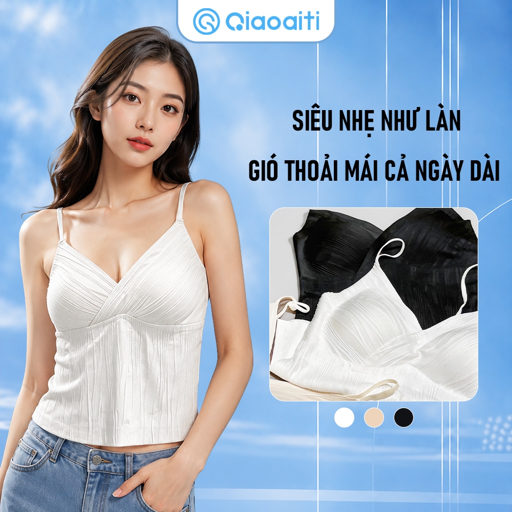 Qiaoaiti Áo hai dây ren lưng đẹp kiểu Pháp ngọt ngào mùa hè, có mút ngực liền, áo quây không đường may, mặc ngoài cho nữ